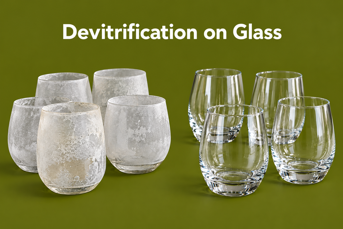 Kiln-fired glass with cloudy devitrification beside a clear finished glass piece