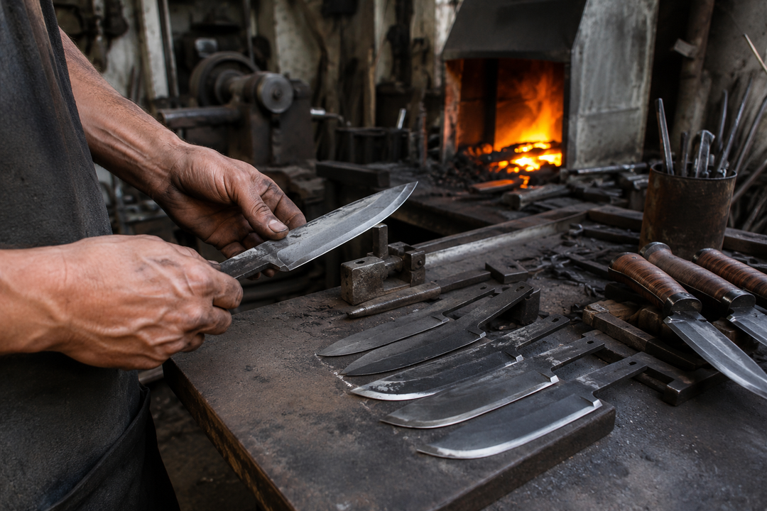 Knife making statistics infographic showing global knife market size, US cutlery employment, and heat-treat specs for 2026