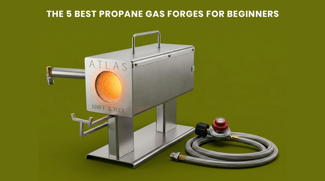 Beginner blacksmith heating steel in a propane forge inside a home workshop