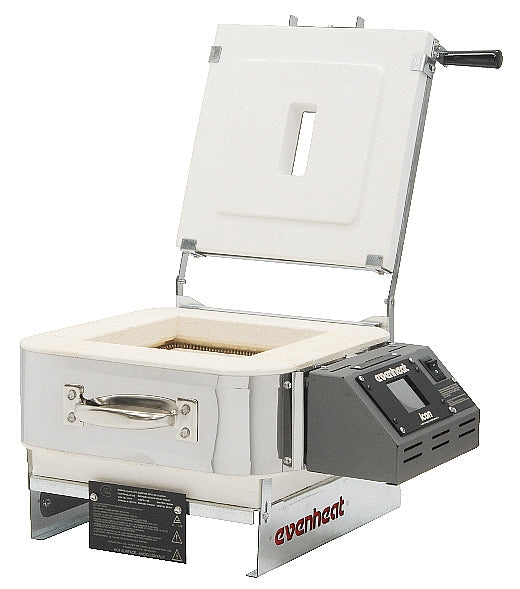 Evenheat Kiln - Studio Pro STP with Window, a compact heat treat kiln with a top-opening lid and digital controls, suitable for glass fusing, pottery, and jewelry making.