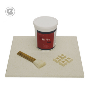 Evenheat Kiln - Studio Pro 14 kiln shelf kit including a square kiln shelf, heat-resistant brush, alumina powder container, and small kiln furniture pieces for pottery and ceramics.