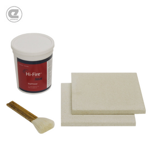Evenheat Kiln - Copper accessories including a container of Hi-Fire shelf primer, a brush, and two square kiln shelves for ceramics and pottery projects.